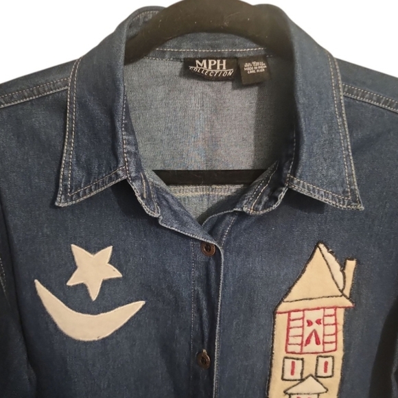 VTG Denim Christmas Shirt Med Embroidery Boho Button up Long Sleeve Cottagecore - Picture 2 of 9